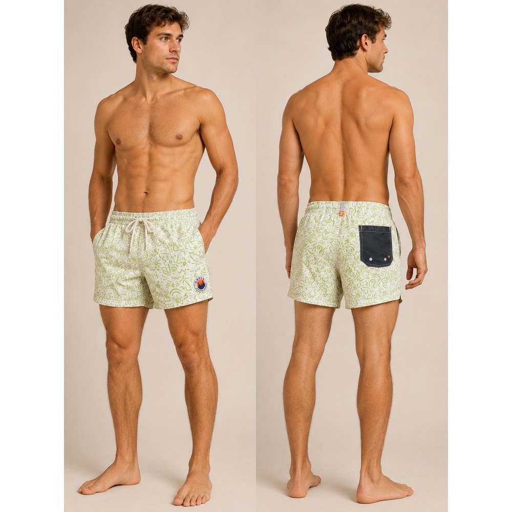 AMBSN Shorts Mens Large White Green Coachella Made In California Doodle Print